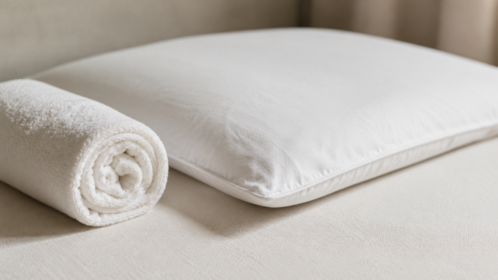Rolled towel and pillow arranged for neck support close-up