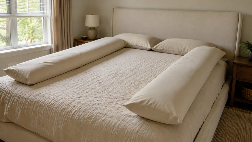 Firm pillows arranged along bed sides as positional barrier