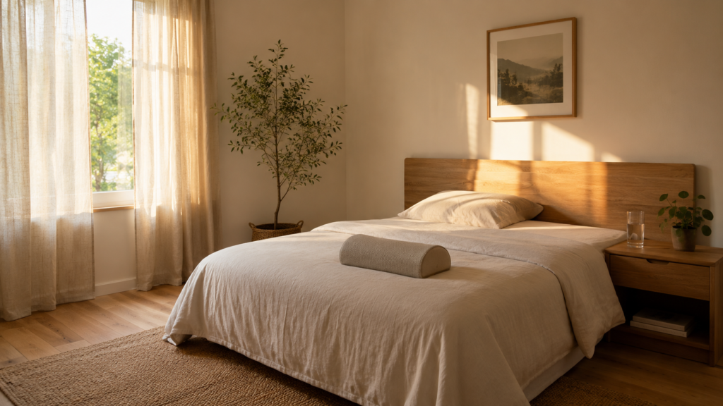 Calm bright bedroom in morning light with well-supported bedding