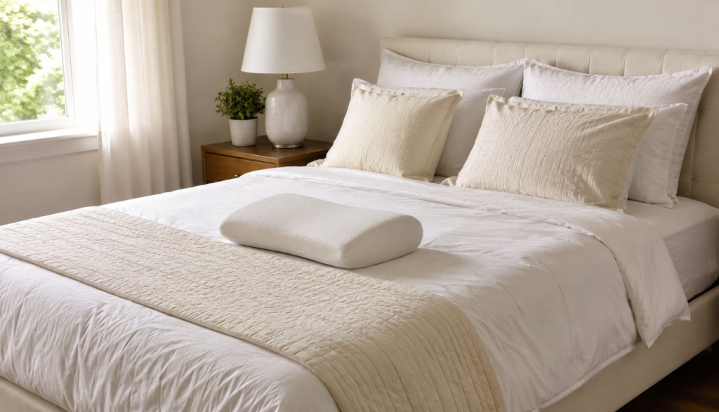 Pillow positioned for knee support on neatly made bed
