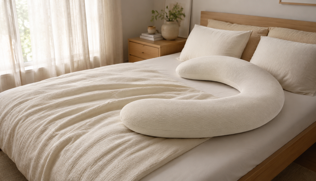 Curved body pillow arranged for side sleeping support