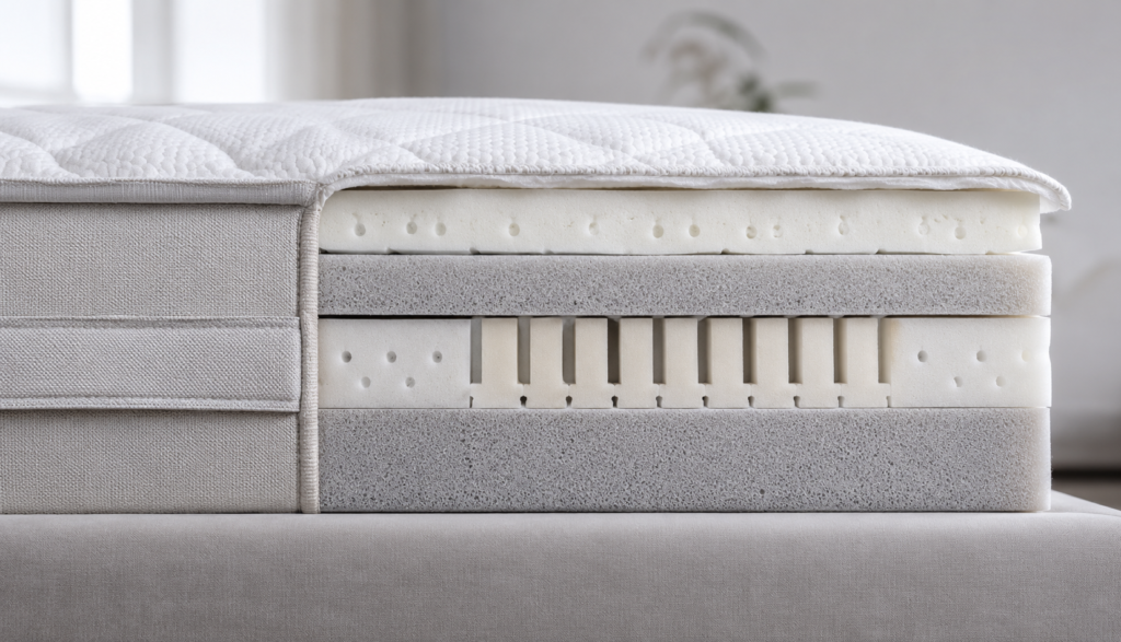 Cross section mattress layers showing firmness and support zones