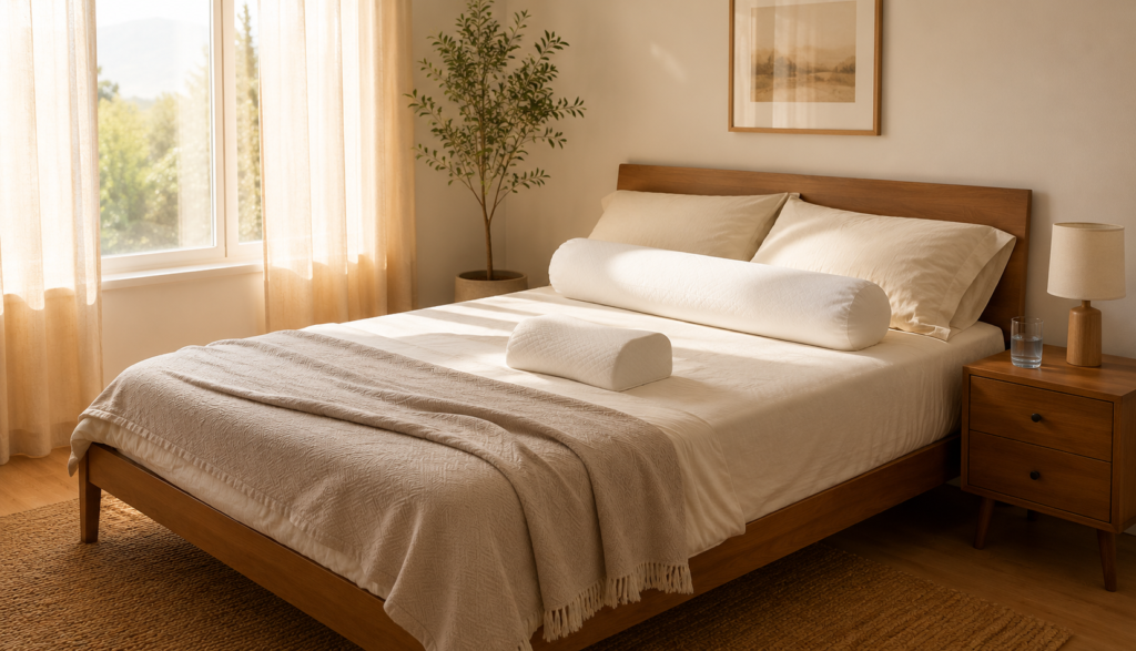 Calm bright bedroom in morning light with supportive pillow setup