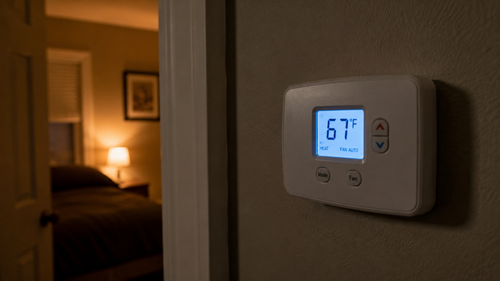 Thermostat display showing cool temperature on bedroom wall