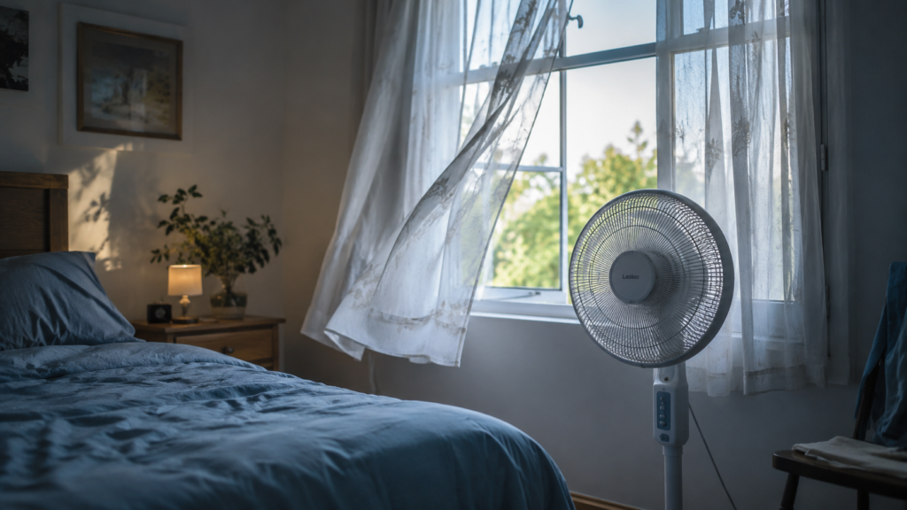 Small fan near open window providing airflow in bedroom