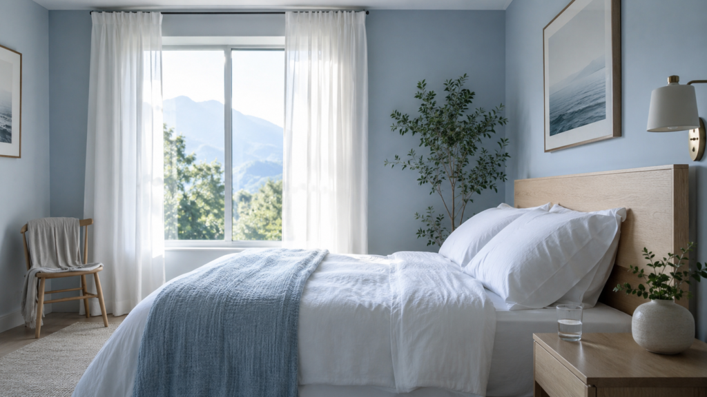 Cool calm bedroom in morning light with crisp bedding