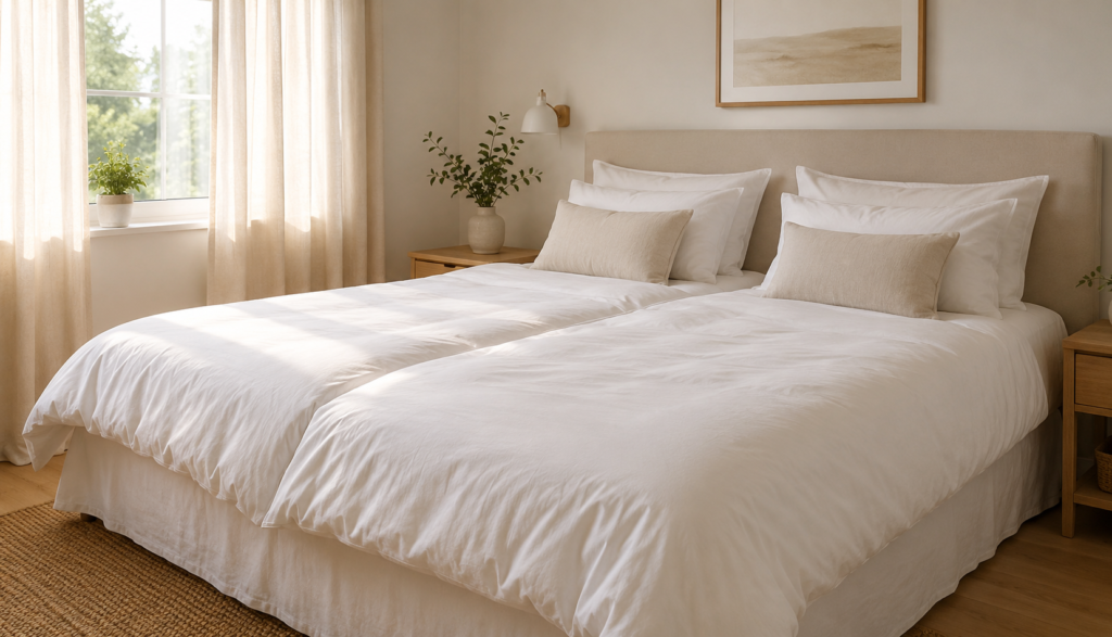 Two separate duvets folded side by side on a shared bed