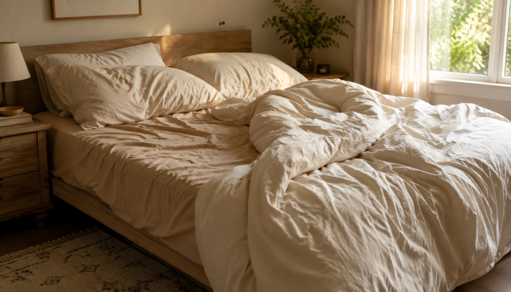 Tangled shared blanket on bed showing uneven coverage