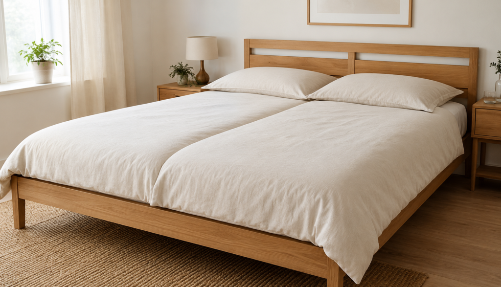 Two twin mattresses pushed together under one bed frame