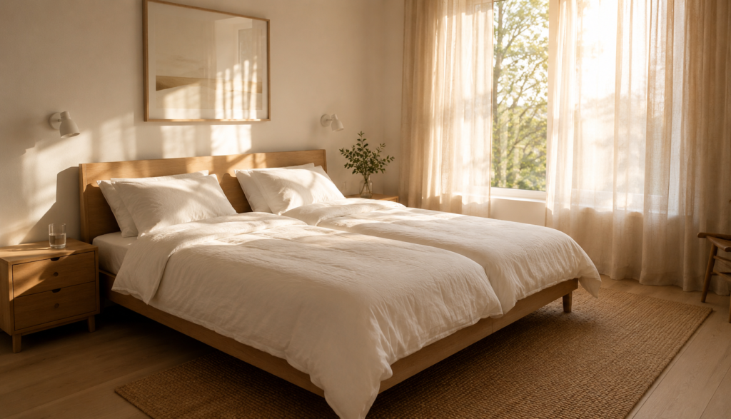 Calm Scandinavian bedroom in morning light with two duvets