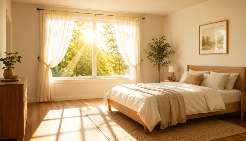 Bright morning sunlight streaming through bedroom window