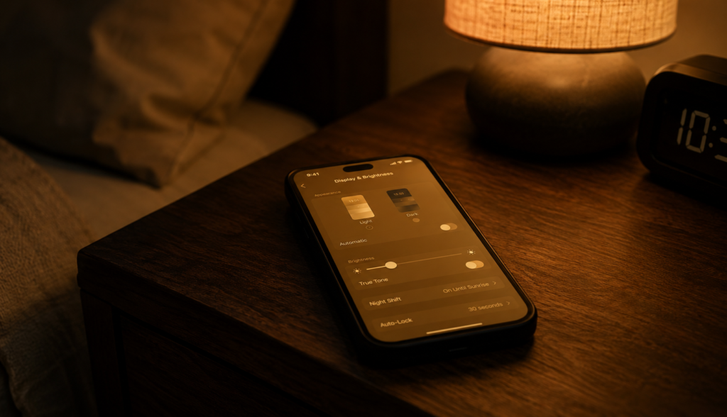 Phone with dimmed warm screen on nightstand in evening light