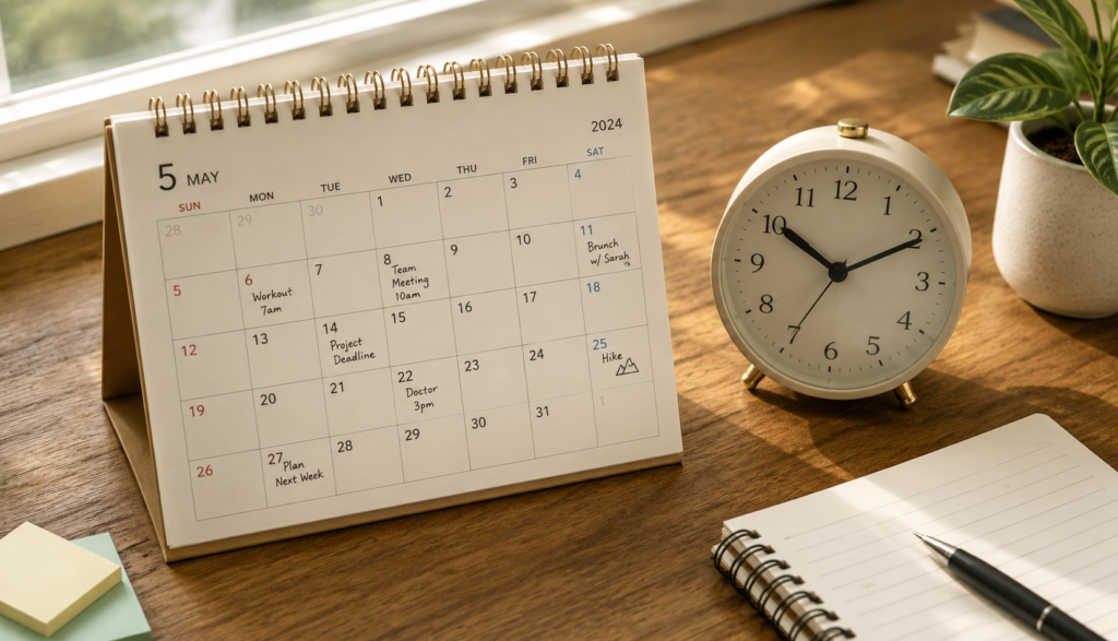 Calendar and clock on desk showing schedule planning