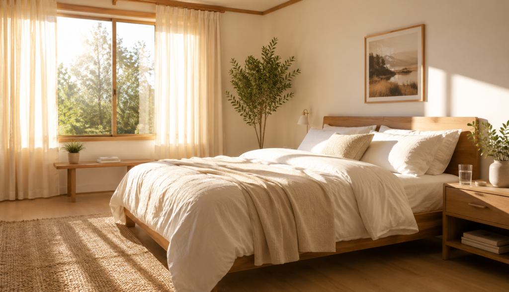 Bright fresh bedroom in morning light with neatly made bed