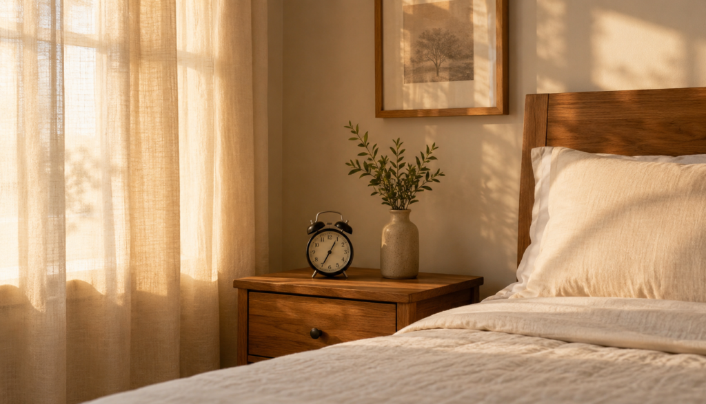 Alarm clock beside neatly made bed in soft morning light