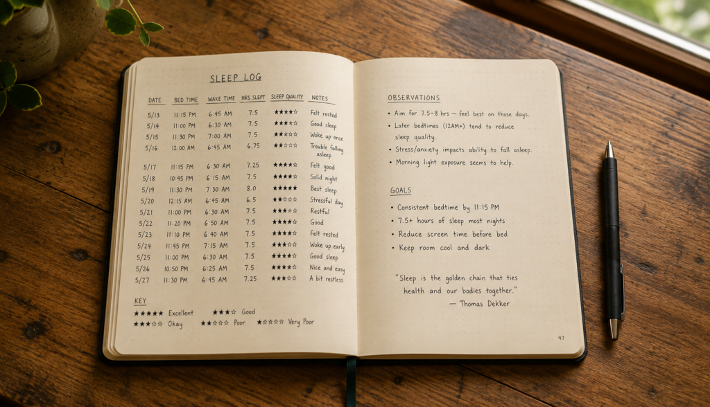 Open notebook with sleep log entries beside pen on desk