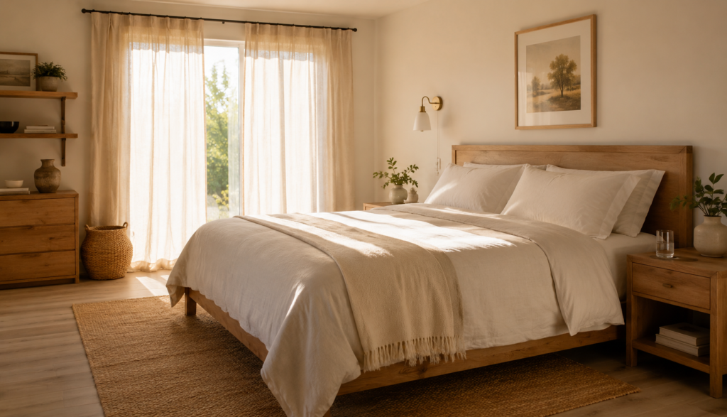 Calm bright bedroom in morning light with neatly made bed