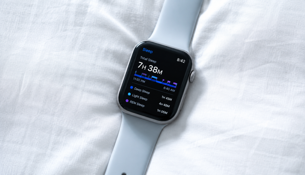 Sleep tracker on white linen showing sleep duration data