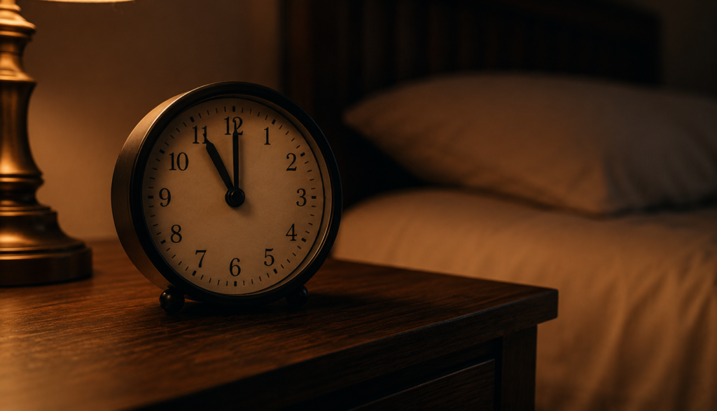 Bedside clock in dim bedroom representing sleep cycle timing