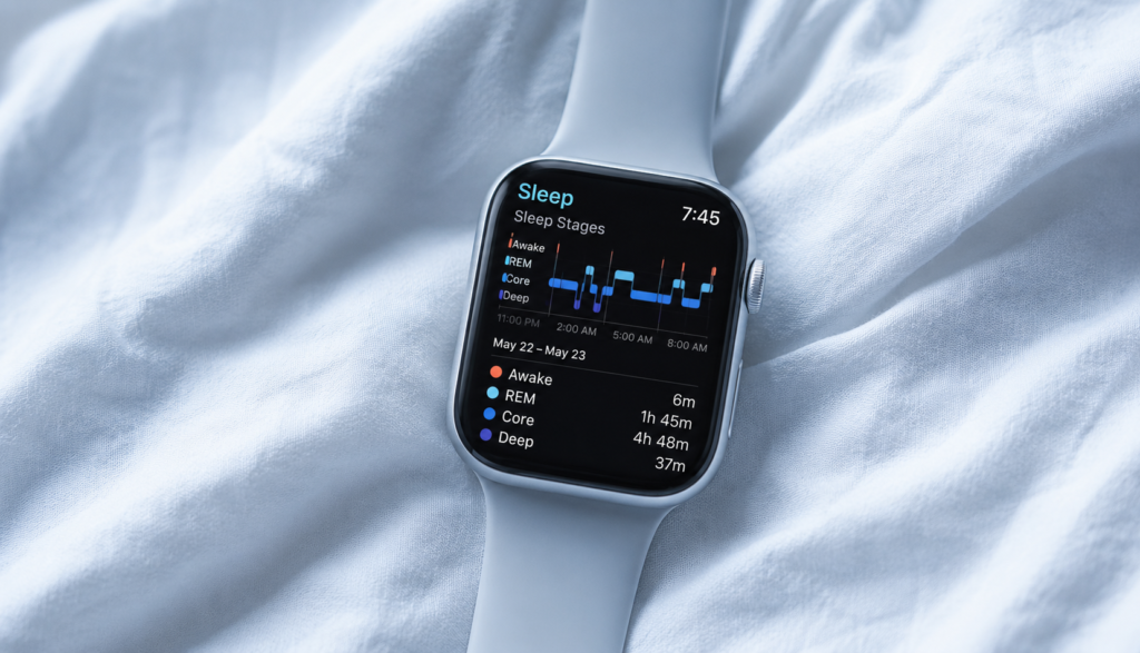 Sleep tracker on white linen showing sleep stage graph data