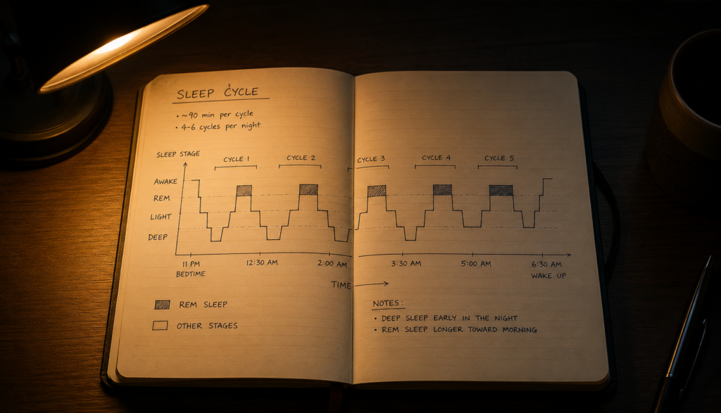  Notebook with handwritten sleep cycle chart beside desk lamp