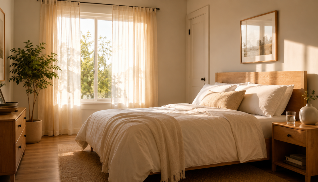 alm bright bedroom in morning light with neatly made bed