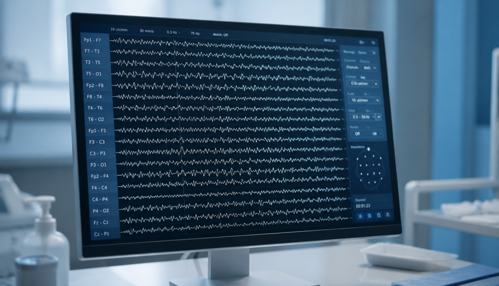 EEG monitor displaying brain wave activity on clinical desk