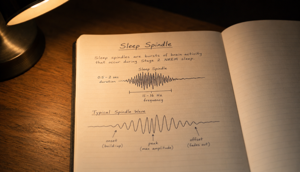Handwritten sleep spindle diagram in notebook beside desk lamp