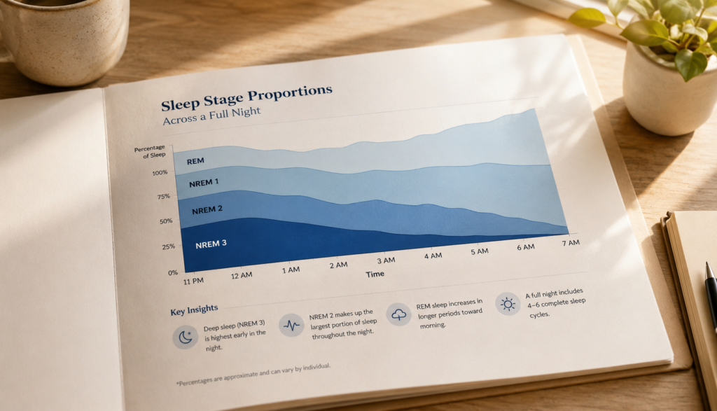 Sleep stage proportion chart on desk in morning light