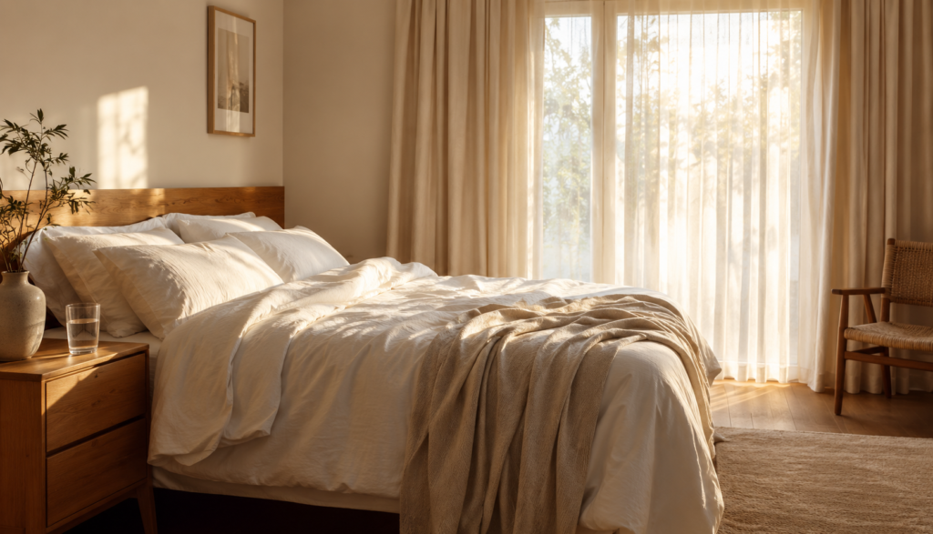 Serene bright bedroom in morning light representing complete sleep