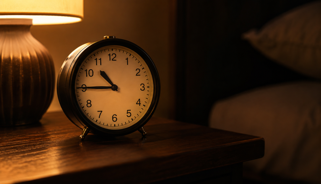 Bedside clock showing evening hour beside warm lamp on nightstand