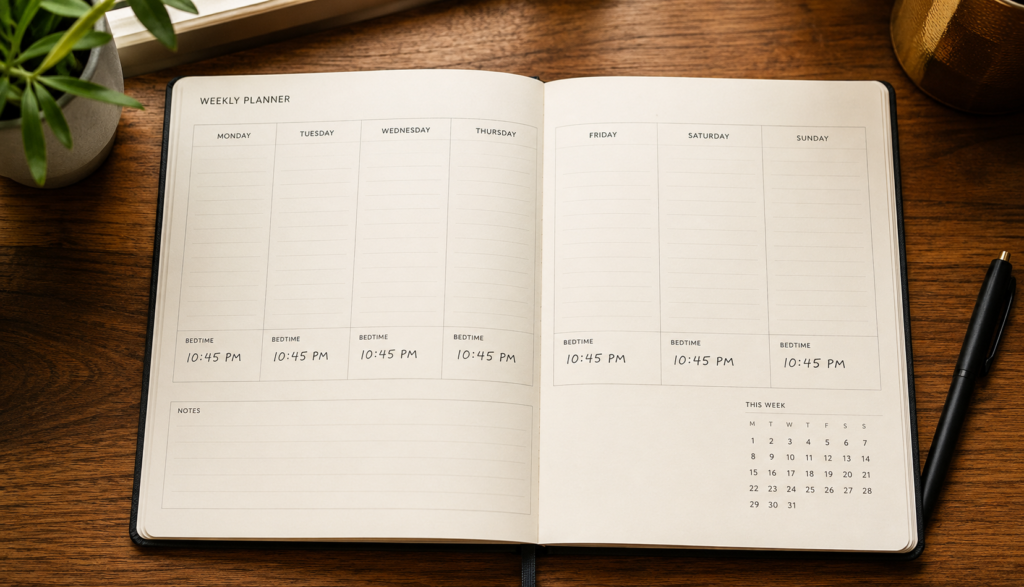 Weekly planner showing same bedtime written across all seven days