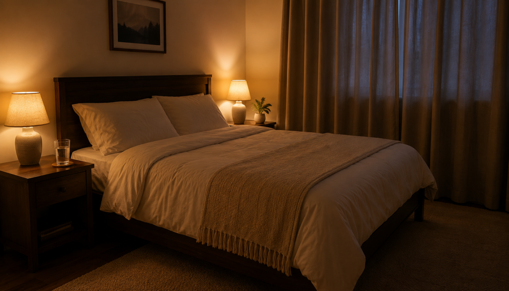 Calm dim bedroom in evening light ready for ideal bedtime