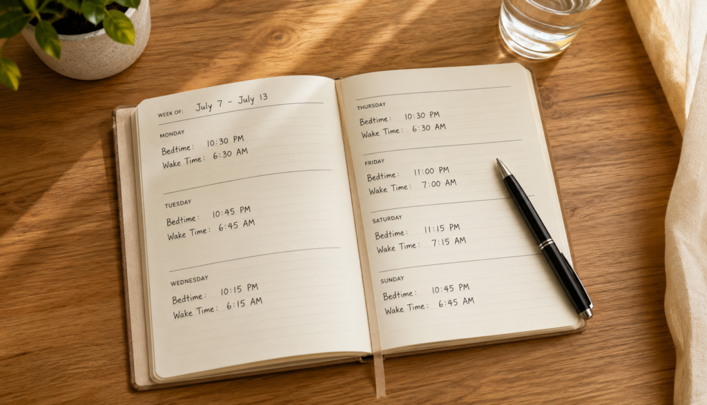 Open weekly sleep schedule planner on desk with pen