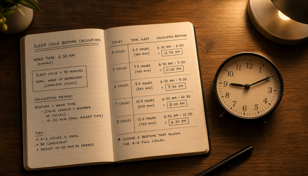  Notebook with sleep cycle bedtime calculations beside small clock