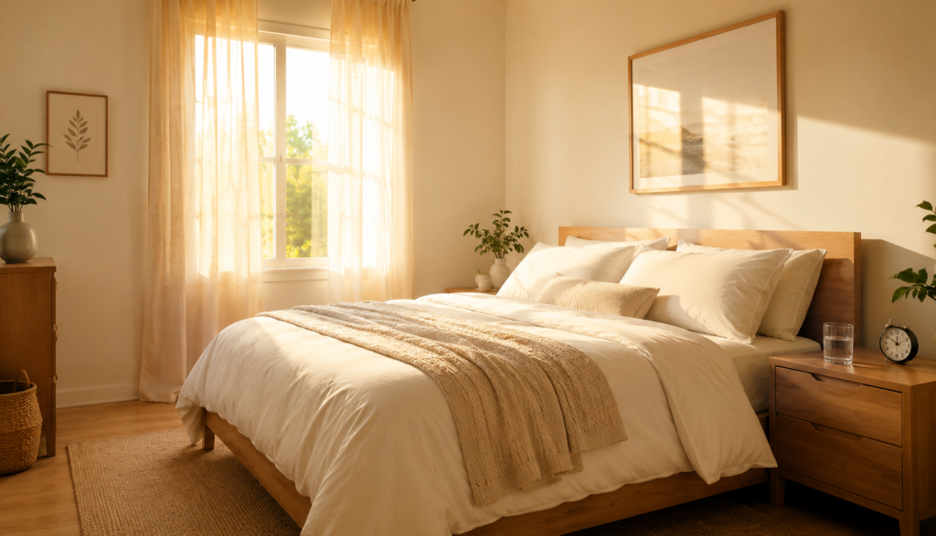 Bright calm bedroom in morning light representing a working sleep schedule