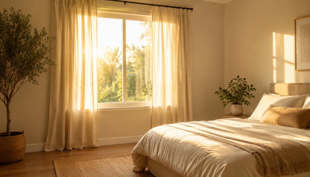 Bright morning sunlight through bedroom window with no alarm clock
