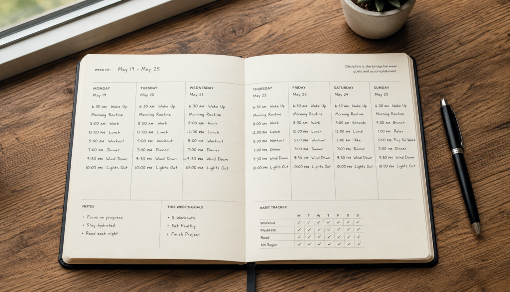 Weekly planner open on desk showing consistent sleep schedule