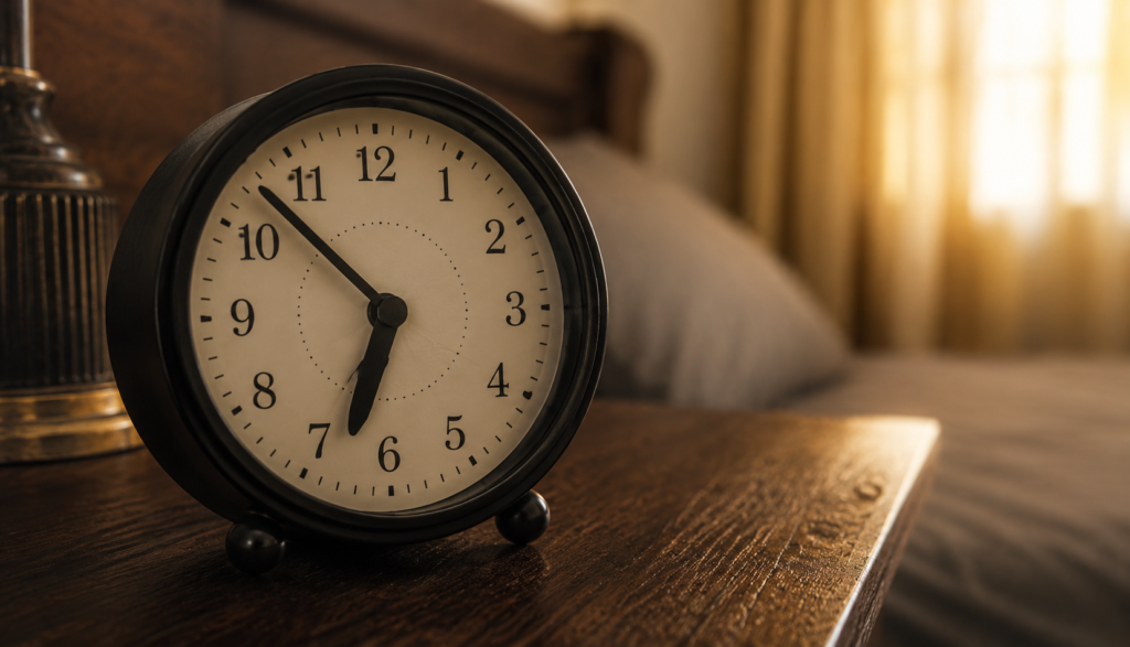 Analog clock on nightstand showing morning hour before alarm