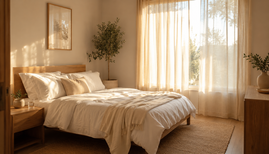 Bright calm bedroom in natural morning light without alarm