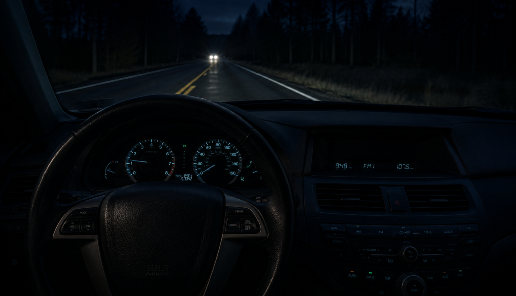 Steering wheel in dark car interior at night suggesting drowsy driving
