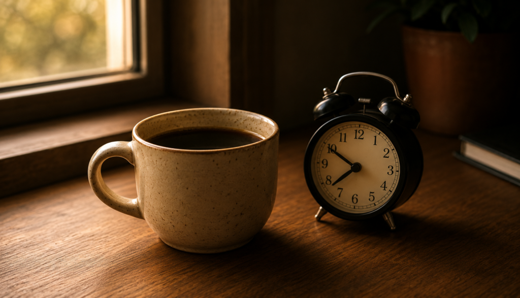 Coffee cup beside alarm clock on desk in dim morning light