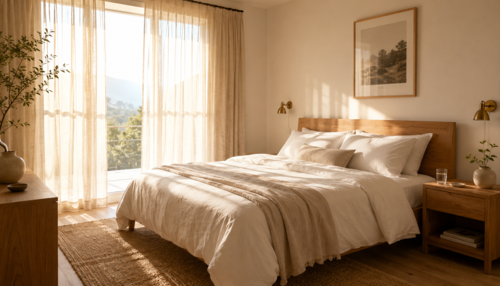 Calm bright bedroom in morning light representing adequate rested sleep
