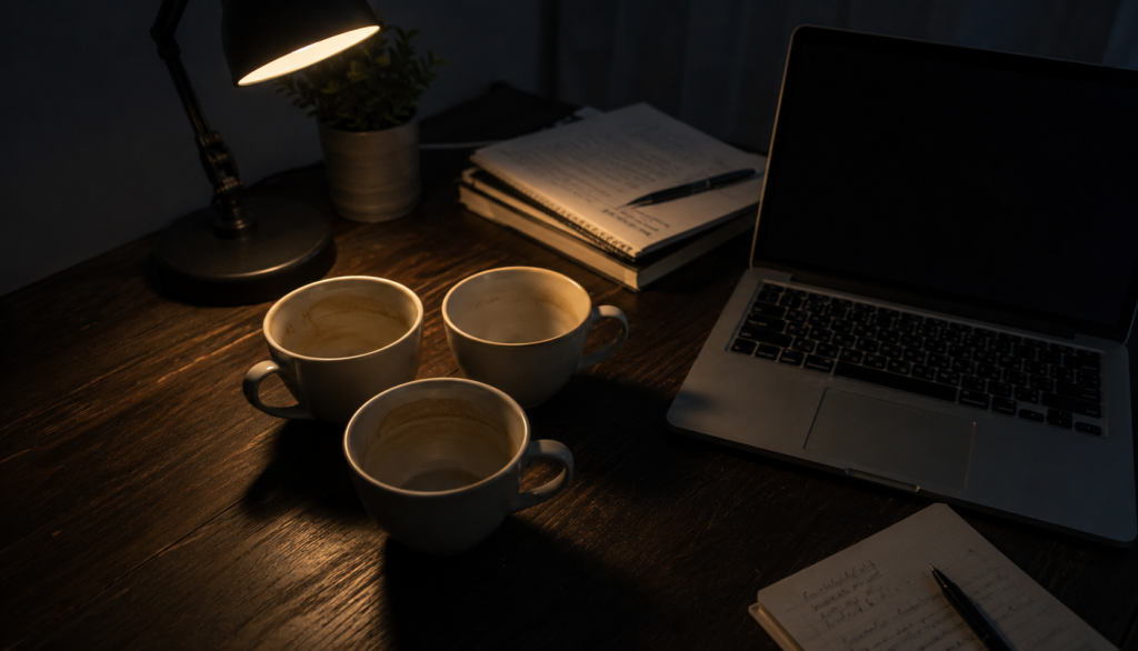 Several empty coffee cups on desk representing accumulated sleep debt