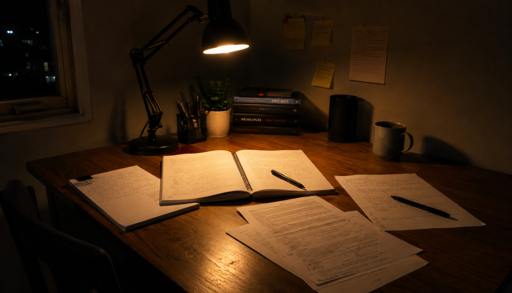 Desk with lamp glowing and open books in late night study setup