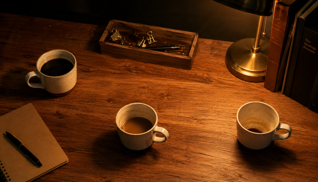 Three coffee cups spaced apart on desk representing timed caffeine strategy