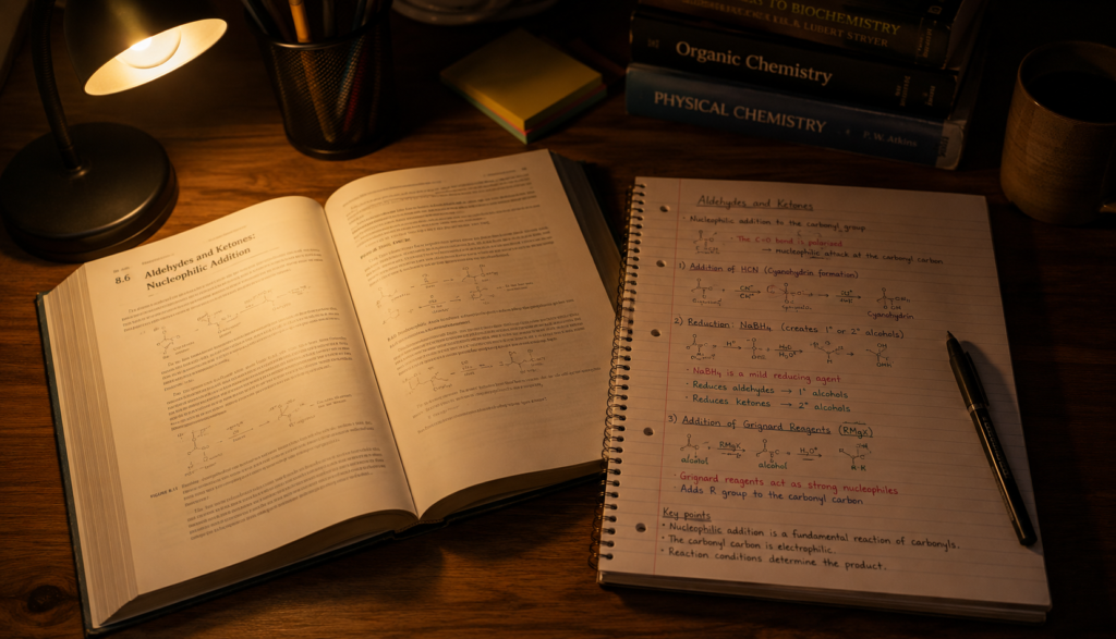 Open textbook with handwritten notes beside it on desk at night
