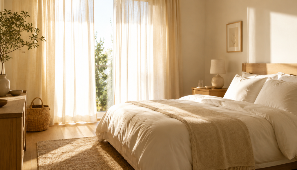 Bright calm bedroom in morning light representing recovery sleep