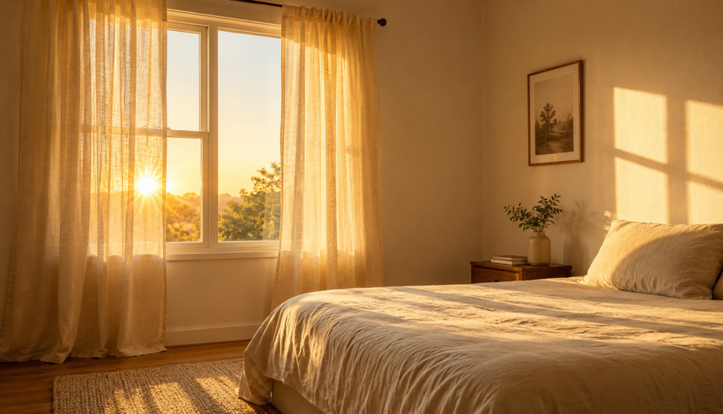 Warm sunrise light through bedroom window at natural wake time