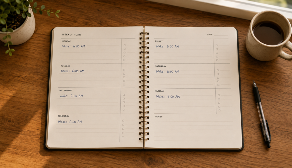 Weekly planner showing consistent wake times written across all seven days